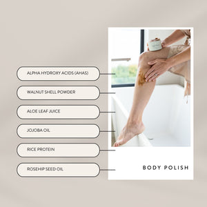 BODY Polish’s SUPERSTAR INGREDIENTS ARE AHAs, Aloe Leaf Juice, Hydrolized Rice Protein, Rosehip seed oil, Walnut Shell Powder, Willow Bark Extract, Avena Sativa (Oat) Kernel Oil